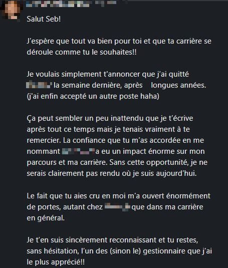 Message de remerciement d’un ancien employé, noms masqués